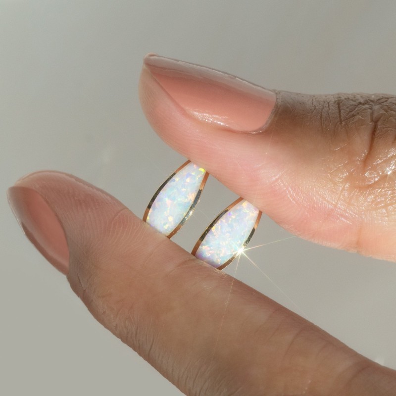 Solid Gold Chunky Opal Inlay Huggie Hoops