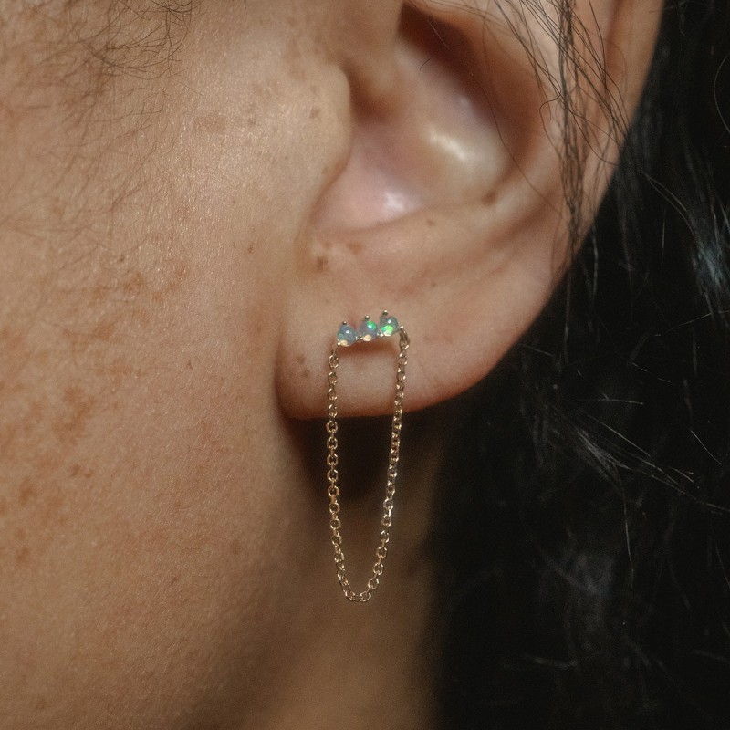 Solid Gold Opal Trio Chain Dangle Studs
