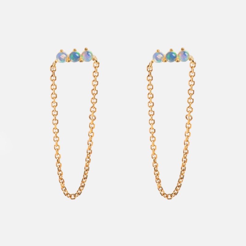 Solid Gold Opal Trio Chain Dangle Studs