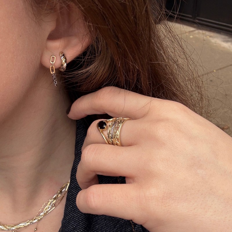 Solid Gold Mixed Metal Chain Dangle Huggies