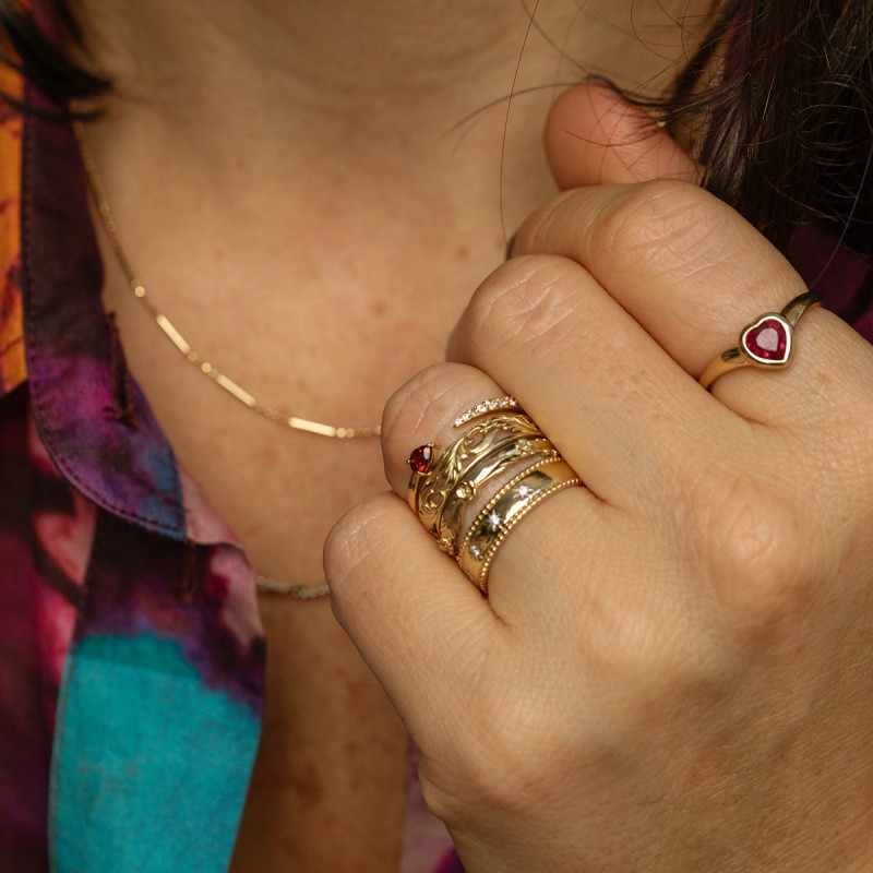 Solid Gold Bezel Set Ruby Heart Ring