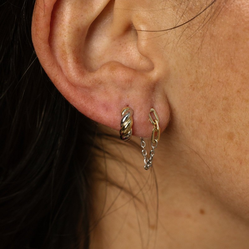 Solid Gold Mixed Metal Chain Dangle Huggies